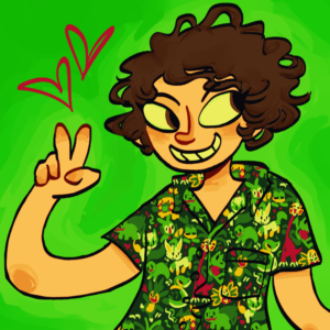 it is an artists drawing of someone with curly brown curly hair, wearing a green shirt with different illustrations on it. they are doing a peace sign.